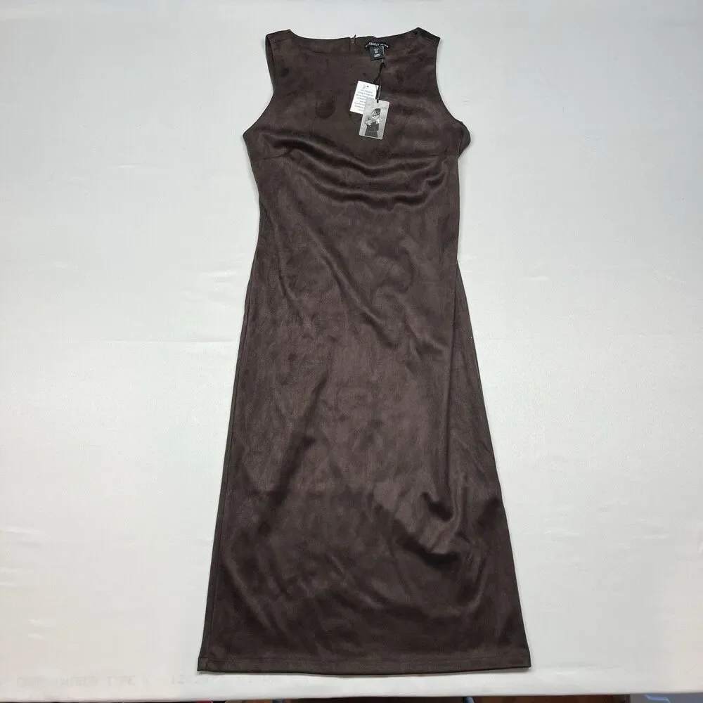 Brown Faux Suede Leather Midi Maxi Dress - Picture 2 of 11